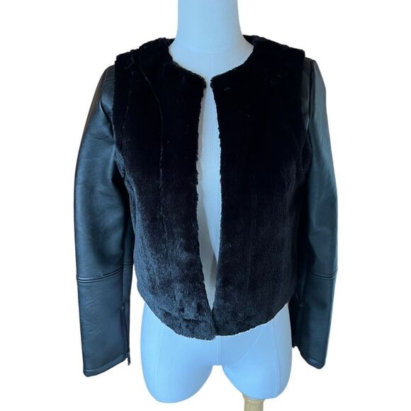 Sam Edelman Gabby Black Faux Fur and Vegan Leather Cropped Jacket Size Small - Picture 11 of 12